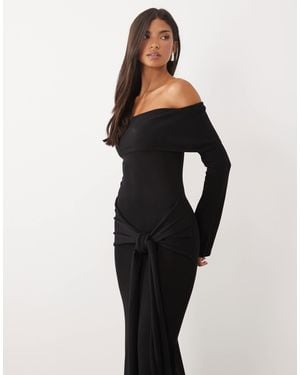 Pretty Lavish Knit Bardot Tie Detail Maxi Dress - Black