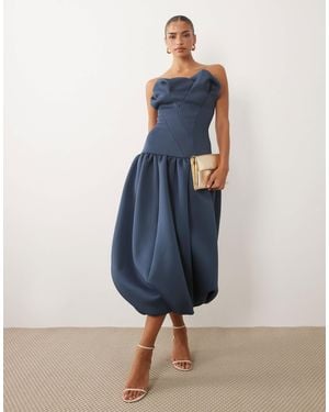 ASOS Scrunched Bandeau Bubble Hem Midi Dress - Blue