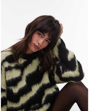 TOPSHOP Maglione Lavorato Soffice Verde Con Motivo Zebrato E Scollo A V - Nero