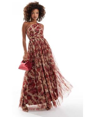 LACE & BEADS Bridesmaid One Shoulder Tulle Maxi Dress - Red