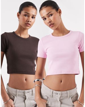 JJXX Florie Ribbed Cropped Baby T-shirt Two Pack - Brown