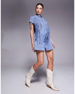 ASOS Suedette Fringe Embroidered Playsuit - Blue