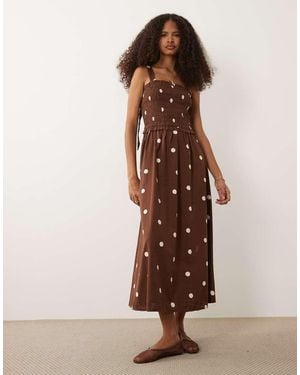 New Look Polka Dot Shirred Tie Back Midi Dress - Brown