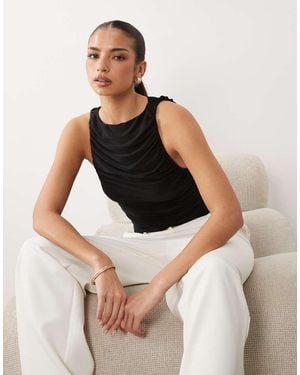 ASOS Slinky Ruched Slash Neck Handkerchief Hem Top - Black