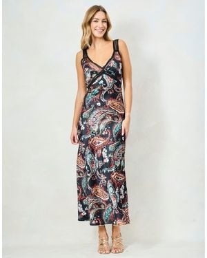 Hope & Ivy The Mei Printed V-Neck Satin Cami Midi Dress With Lace Detailing - White