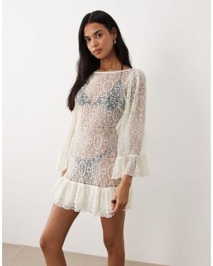 Miss Selfridge Beach Sheer Lace Trim Mini Dress in White | Lyst