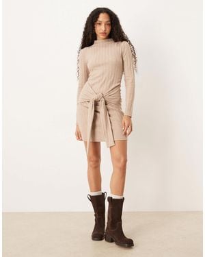 ASOS Ribbed High Neck Tie Front Mini Dress - Natural