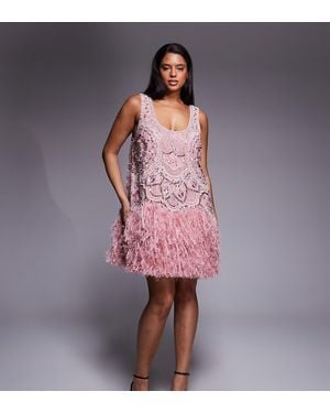 ASOS Curve Embellished Scoop Neck Mini Dress With Faux Feather Hem - Pink