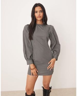 ASOS Poplin Crew Neck Sculpted Mini Dress With Volume Sleeve - Gray