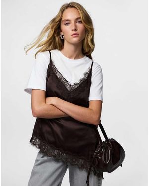 Pieces Asymmetric Lace Trim Satin Cami Top - Black