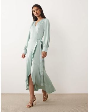 Vila Long Sleeve Satin Wrap Midi Dress - Green