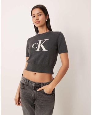 Calvin Klein Monogram Logo Cropped Knitted Top - Grey