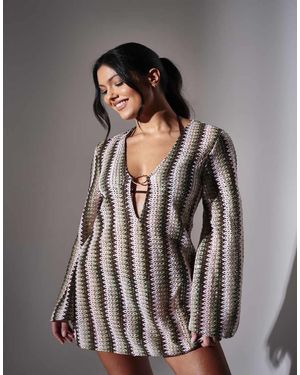 South Beach Sequin Crochet Ring Decal Kaftan Mini Dress - Grey