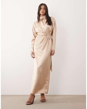 DASKA Satin High Neck Long Sleeve Knot Detail Maxi Dress - Natural
