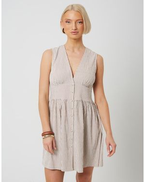 Brave Soul Stripe Sleeveless Mini Dress With Button Details - Brown