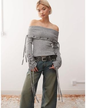 Minga London Ribbed Knit Off Shoulder Lace Up Sweater - Grey