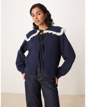 Glamorous Big Collar Tie Front Cardigan - Blue