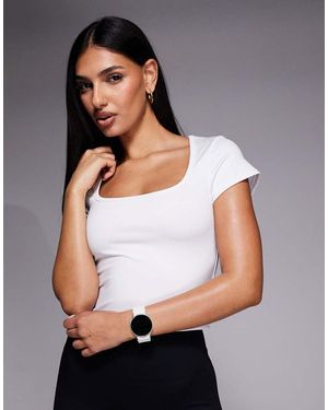 4505 Top Deportivo Con Mangas De Casquillo Y Cuello Cuadrado De - Gris