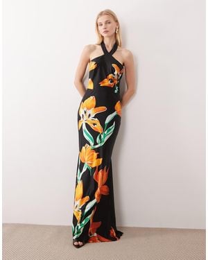 JW PEI Racer Halter Neck Satin Mermaid Hem Maxi Dress - Black
