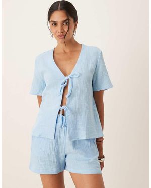 Jdy Short Sleeve Tie Front Cheesecloth Shirt - Blue