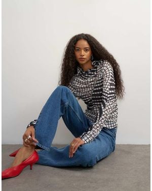 TOPSHOP Check Ruched Long Sleeve Top - Blue