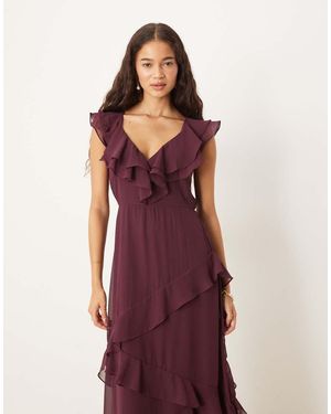Vila Vestido Largo Burdeos Con Cuello De Pico Y Detalle De Volantes De Chifón De -Rojo - Morado