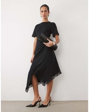 ASOS Short Sleeve With Lace Detail With Asymmetric Midi Dress - Black