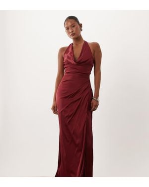 TFNC London Tfnc Bridesmaid Petite Satin Halter Neck Cowl Plunge Split Detail Maxi Dress - Red