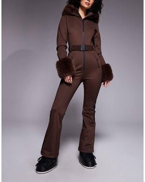 ASOS 4505 Ski & Snow Asos 4505 Hourglass Ski Soft Shell Belted Ski Suit With Side Stripe And Faux Fur Trim - Purple