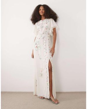 Hope & Ivy Embroidered Cut-out Back Maxi Dress With Flutter Sleeves - Natural