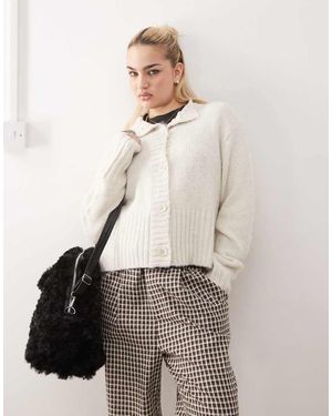 Collusion Fluffy Textured Crew Neck Cardigan - Natural