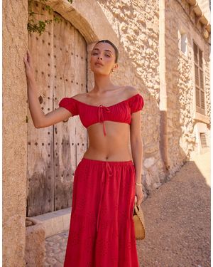 The Frolic Exclusive Broderie Bardot Tie Front Detail Crop Top Co-Ord - Red