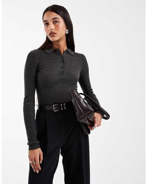 Brave Soul Gebreide Polotop Met Lange Mouwen En Knoopsluiting - Zwart