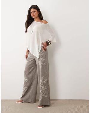 Daisy Street Turn Over Wide Leg Pants With Floral Embroidery - Natural