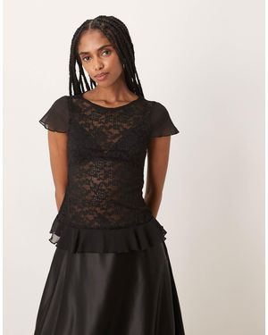 Motel Roselani Ruffle Edged Lace Mesh Top - Black