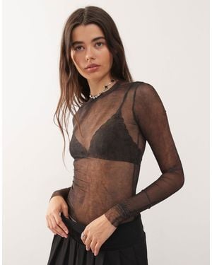 Weekday Mesh Long Sleeve Top With With Faded Effect Print - Brown