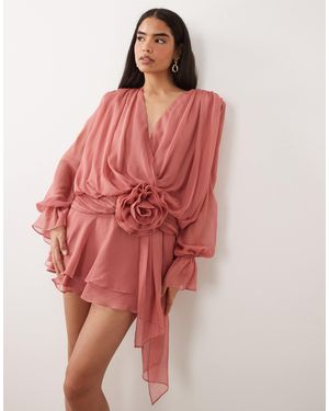 ASOS V Neck Skater Dress With Corsage Waist Detail - Red