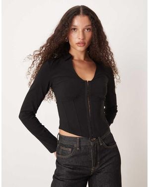 Gina Tricot Long Sleeve Hook And Eye Corset Style Top - Black