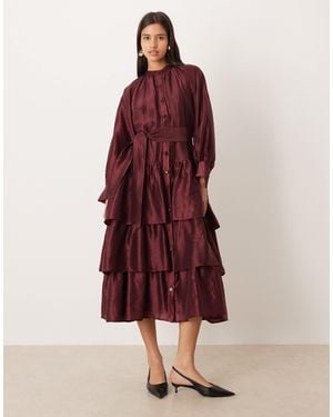 Ghospell Button Up Oversized Tie Midi Dress - Red
