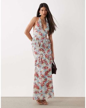 AFRM Vestido Largo Escalonado Con Estampado Floral, Cuello Halter Y Estampado De Malla Athens - Blanco
