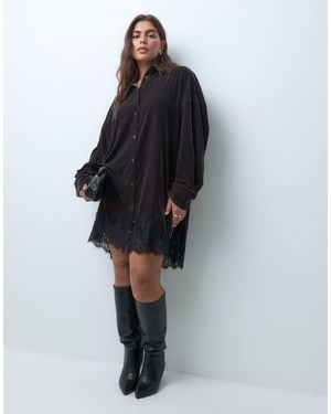 ASOS Asos Design Curve Velvet Oversized Shirt Mini Dress With Lace Hem - Black