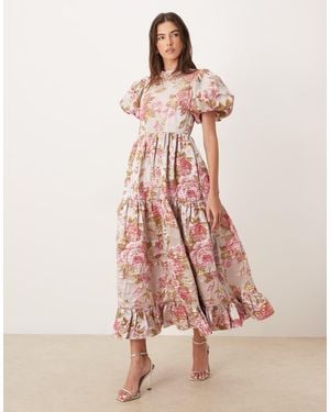 Sister Jane Dream Almost Bloom Jacquard Puff Sleeve Tiered Ruffle Hem Midi Dress - Pink