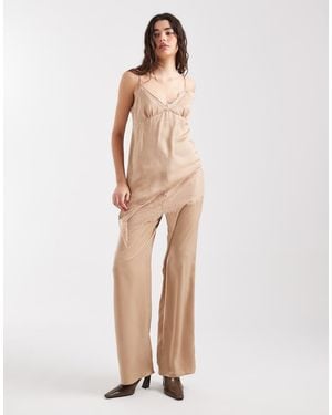 ASOS Crinkle Satin Wide Leg Pull On Trouser - Natural