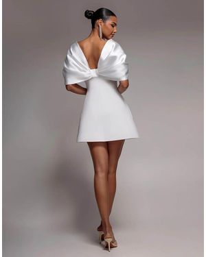 Goddiva Off Shoulder Back Satin Bow Mini Dress - Grey