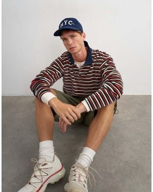 TOPMAN Relaxed Fit Crop Velour Stripe Polo - Brown