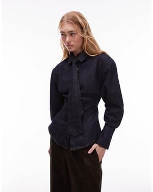ASOS Cinched Shoulder Pad Denim Shirt With Tie - Blue