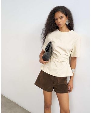 TOPSHOP Structured Short Sleeve Ruched Side Top - Natural