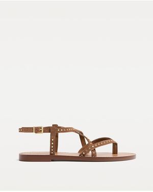 Stradivarius Flat Leather Sandals With Studs - Natural