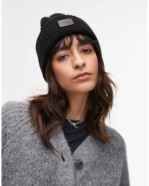 AllSaints Ribbed Leather Logo Beanie - Black