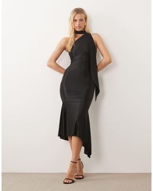 Oh Polly Sculpted Slinky Scarf Neck One Shoulder Asymmetric Midi Dress - Black